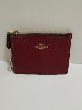 COACH Mini Skinny ID Case Wine Red Crossgrain Leather Wallet Gold Key Ring